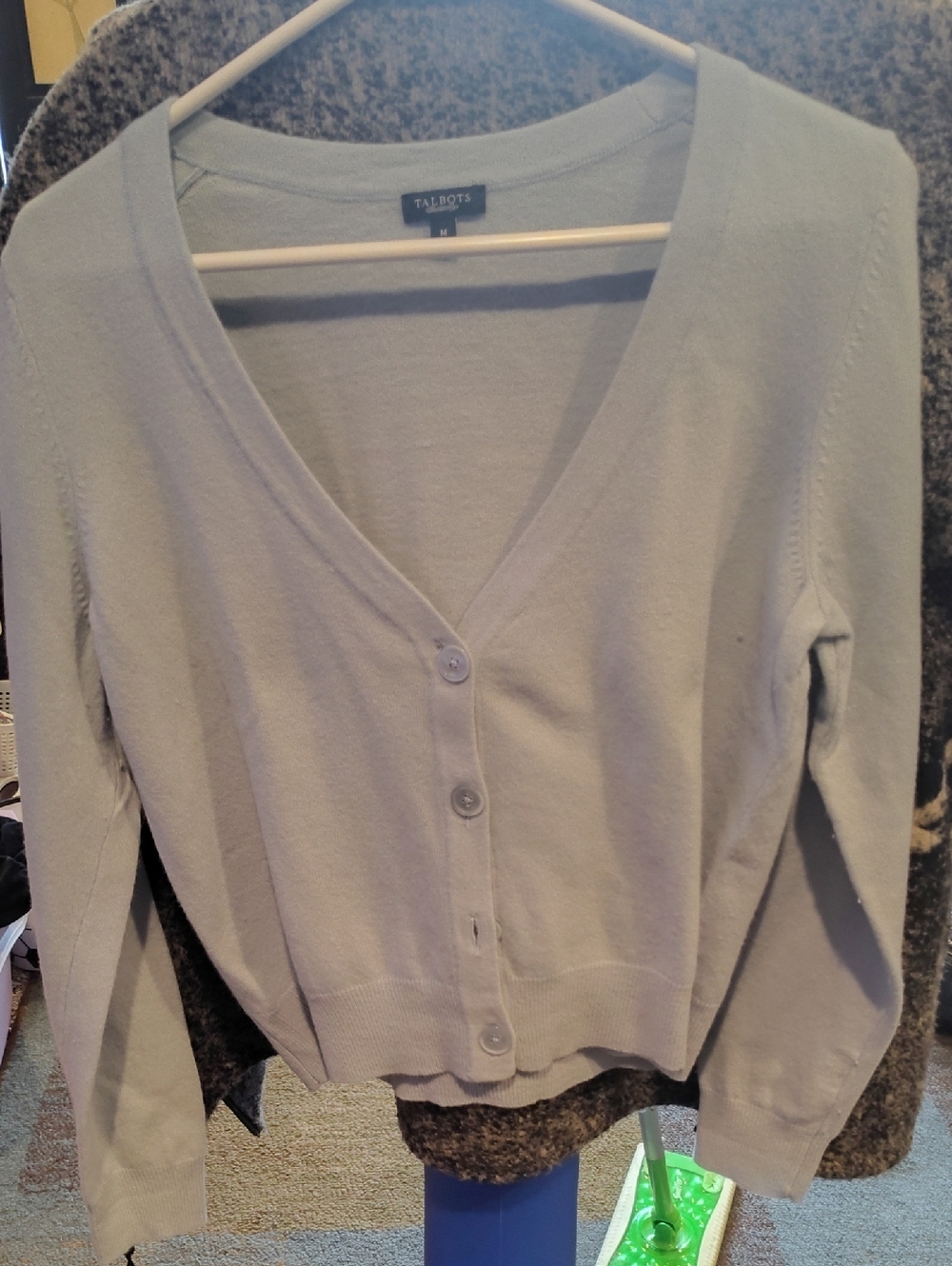 Talbots Light Gray/Blue V-Neck Button Cardigan Sweater
